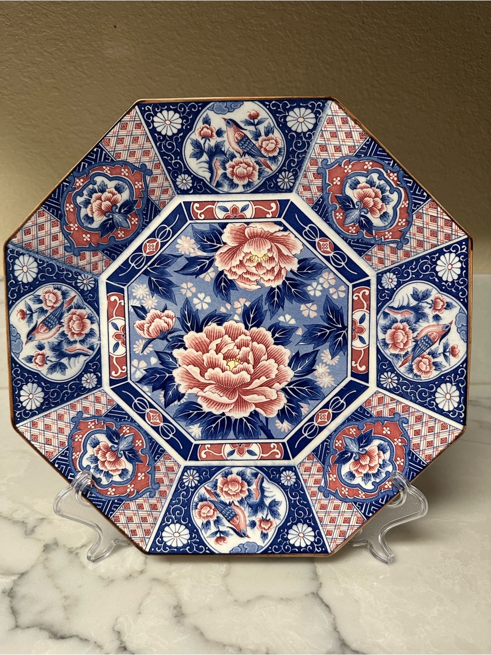 Vintage TOYO Japan 12" Octagonal Porcelain Platter Peony Birds Floral Blue Red